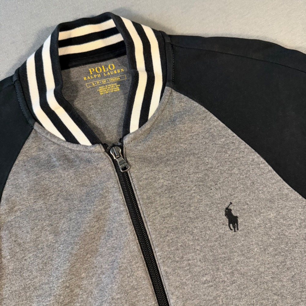 Polo Ralph Lauren Mens Varsity Bomber Jacket Grey Black Striped Trim Small